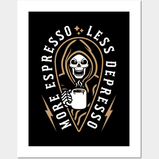 More Espresso Less Depresso Grim Reaper Coffee Brown Posters and Art